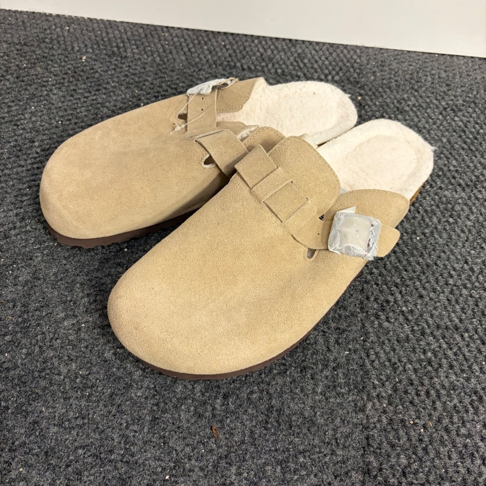 Cushionaire Lane Suede Clog Slippers Sand Tan Faux Shearling Lined Mens 11 NEW